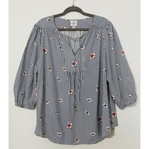 St. John's Bay Peasant Blouse Blue & White Striped Multi Colored Flowers Size 0X